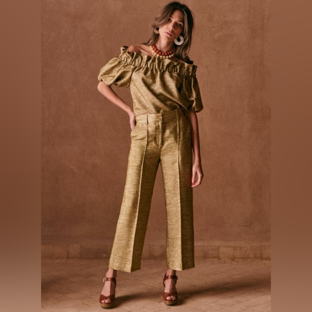 NWT Sezane Gold Macie Blouse & Carter Pant Set